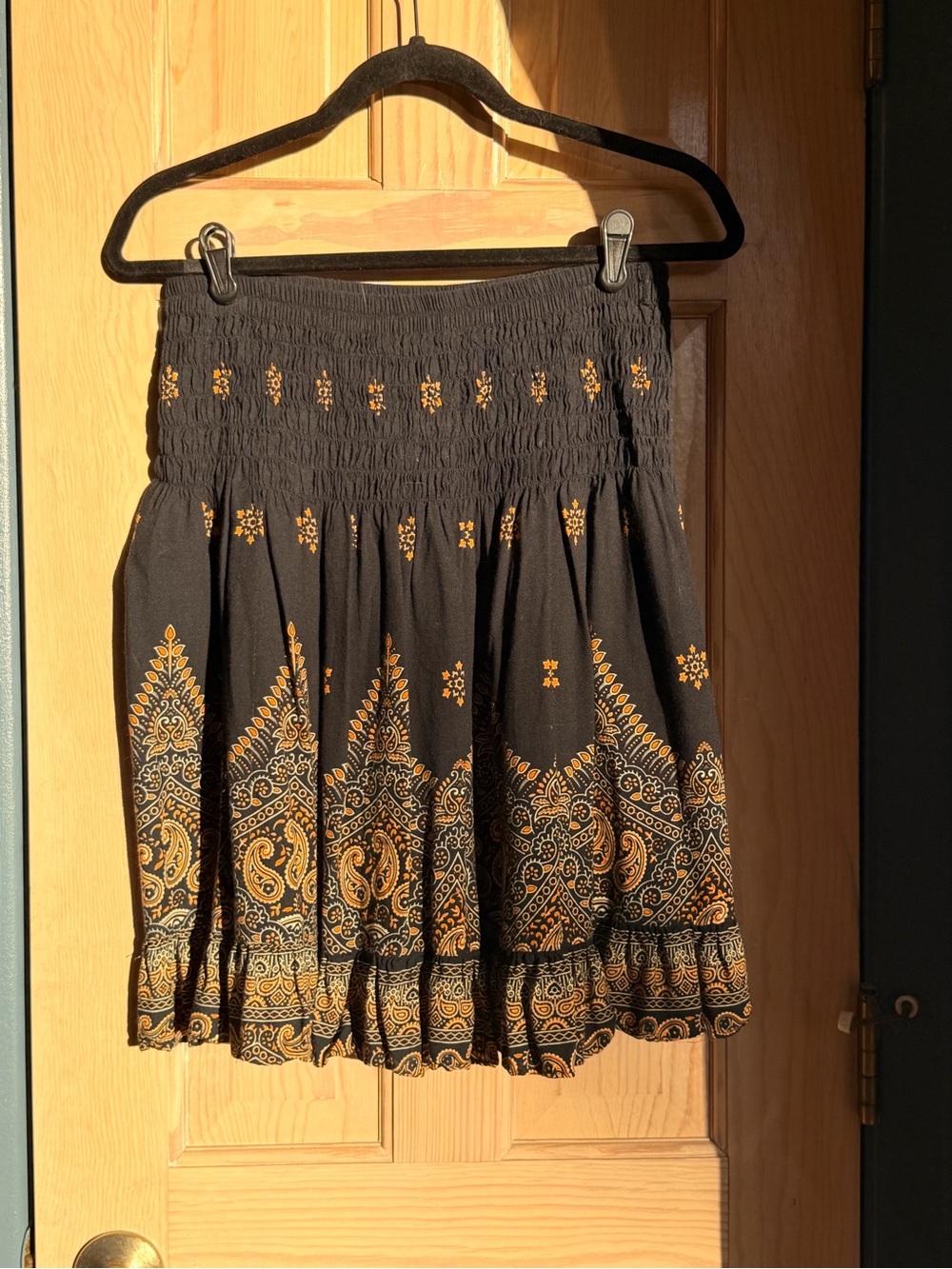 Smocked Black A-Line Skirt with Gold Paisley Print